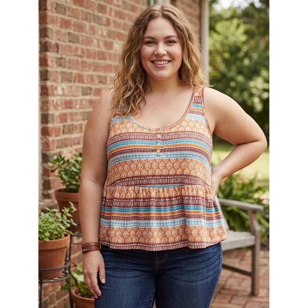 Torrid Women Orange Blue Geometric Boho Babydoll Tank Top Size 0 L XL